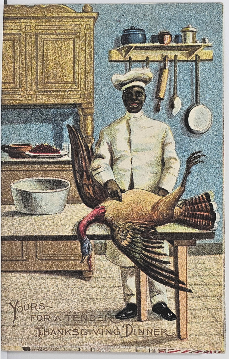 Thanksgiving Postcard Chef Preparing Turkey Dinner Series 875