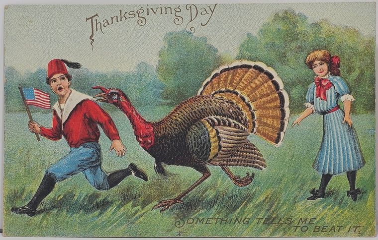 Thanksgiving Postcard Large Turkey Bird Chasing Boy Waving the American Flag