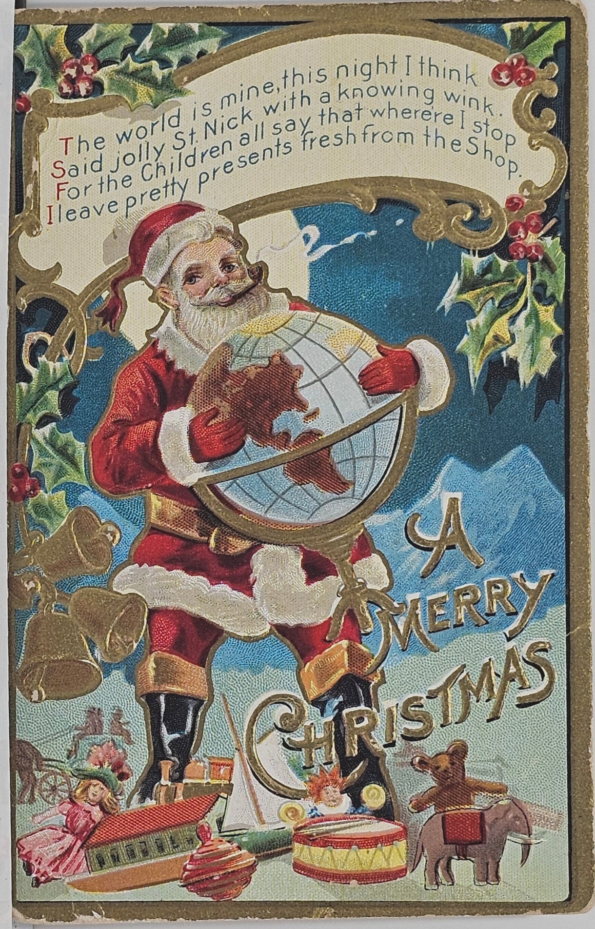 Santa Claus Christmas Postcard St Nick Holding Globe Gold Embossed Kris Kringle Series NO 1