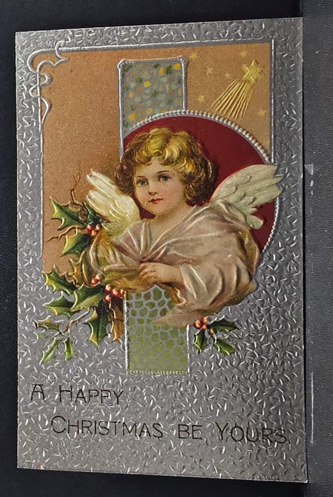 Christmas Postcard Artist Ellen Clapsaddle Silver Texture with Angel Girl Holding Holly