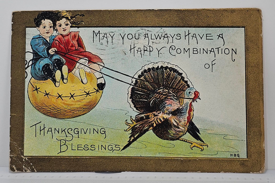 Thanksgiving Postcard H.B. Griggs Children Riding Ball Turkey Pulling Them