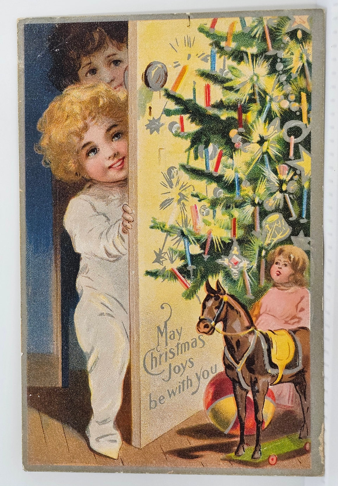 Christmas Postcard Children Peeking Out Door at Decorated Tree and Gifts Silver Highlights