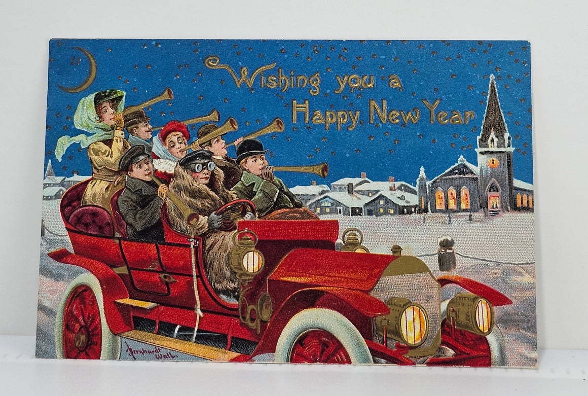 New Year Postcard Artist Bernhardt Wall Old Timey Car with People Celebrating Driving at Night Gold Highlights IAP Pub