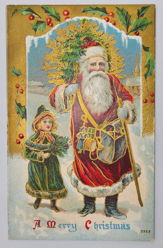 Christmas Postcard Old World Santa Claus in Red Robe with Child in Green 3543 Gold Highlights
