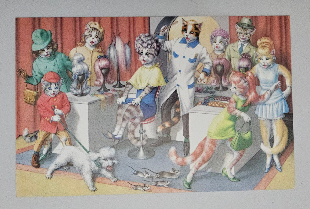 Alfred Mainzer Postcard Anthropomorphic Cats Beauty Parlor Scene Mice Chasing Mod Girl Cat Poodle on Lease 4982 Artist Hartung