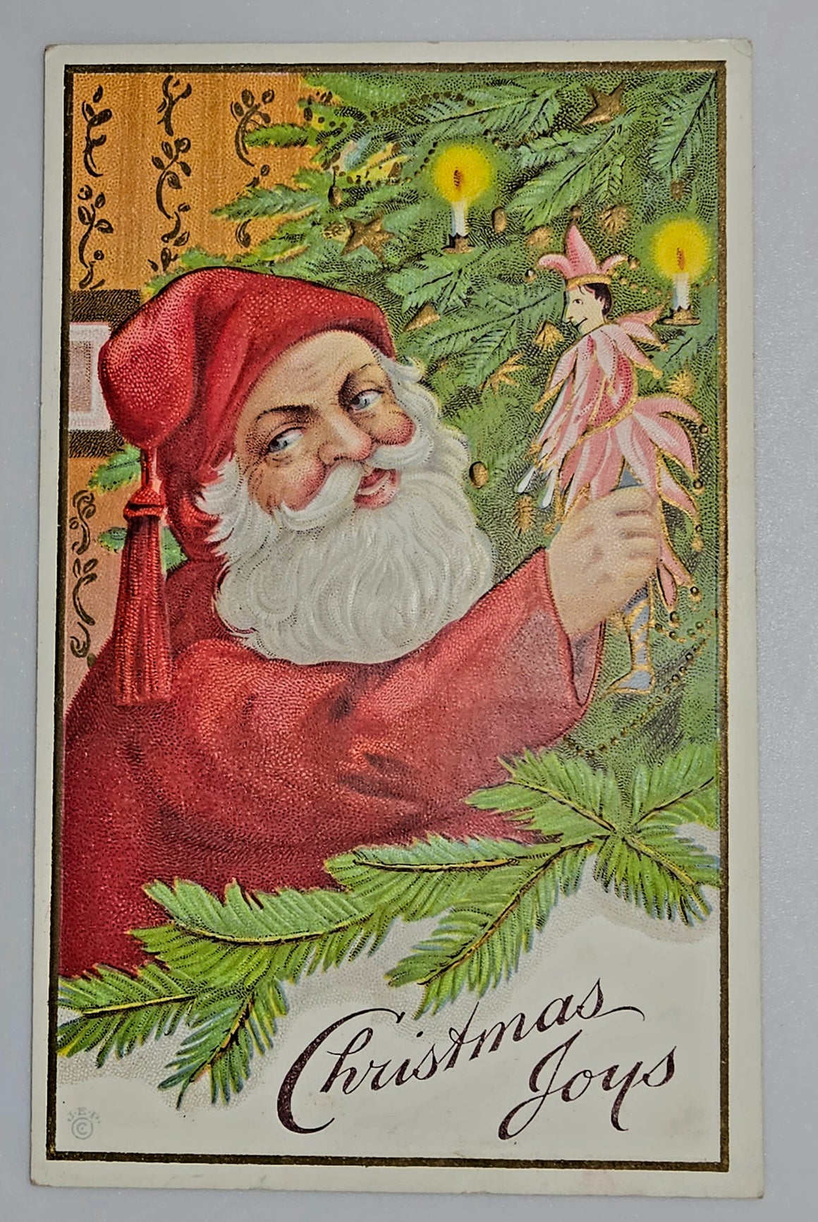 Christmas Postcard Santa Claus Holding Pink Jester Toy Artist James E. Pitts Series 61