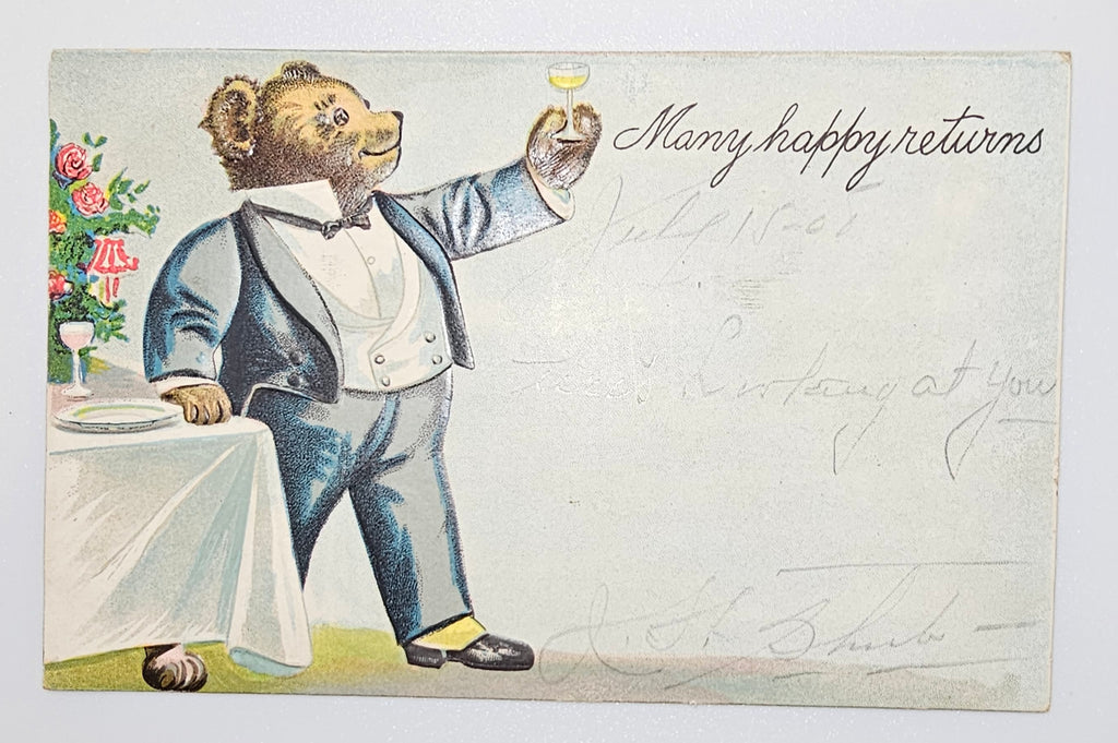 Anthropomorphic Bear Dressed in Tuxedo Cheers with Glass of Champagne Early Undivided Postcard After The Roosevelt Bears