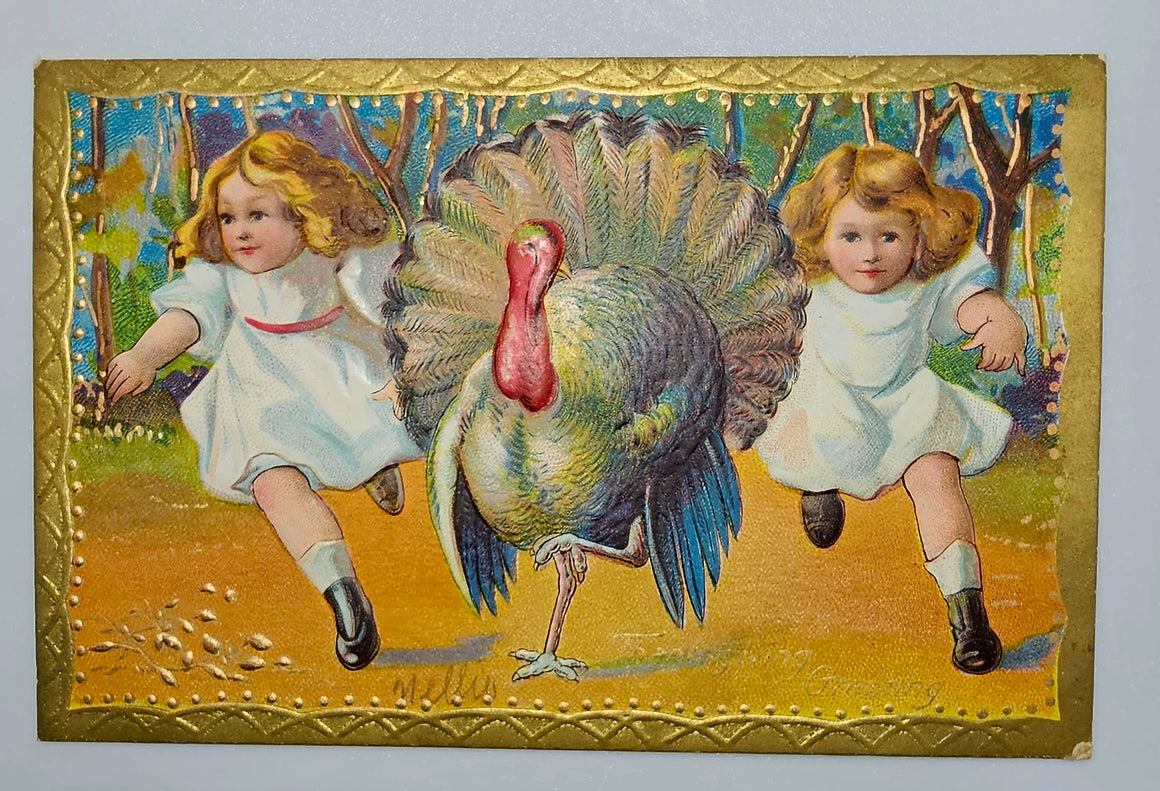 Thanksgiving Postcard Twin Girls Running with Turkey Gold Border