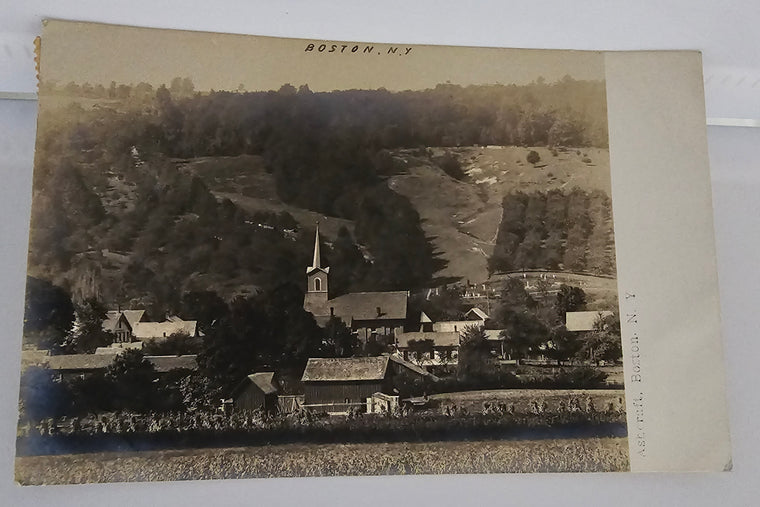 RPPC Real Photo Postcard Boston NY Birds Eye View Town Church Homes Ashcraft Pub