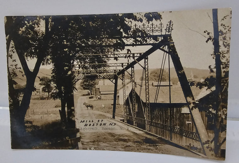 RPPC Real Photo Postcard Boston NY Mill St with One Lane Bridge Horse in Road Ashcraft Pub