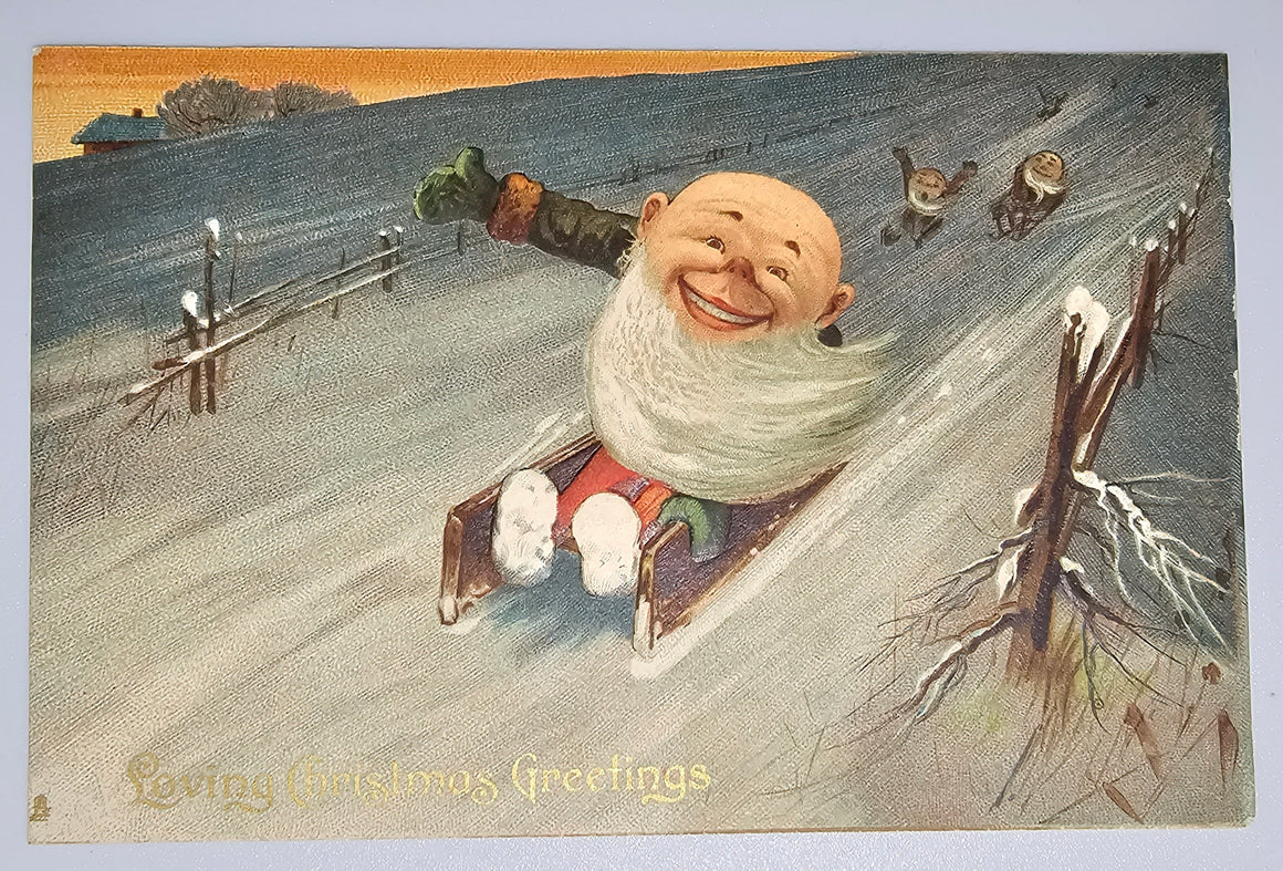Christmas Postcard Dwarf On Sled Gnomes Fantasy Downhill Race Tuck Series 8360