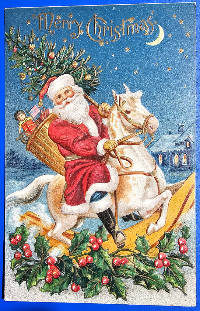 Christmas Postcard Santa Claus in Red Robe Riding Rocking Horse Patriotic Element American Flag in Gift Bag Embossed Germany