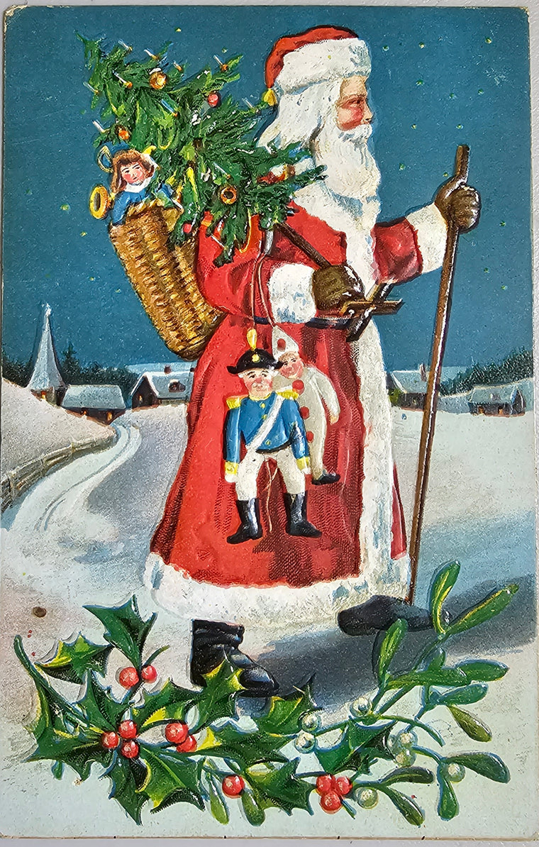 Christmas Postcard Santa Claus in Red Robe Walking with Stick Bag of Gifts Series 509 Embossed Germany
