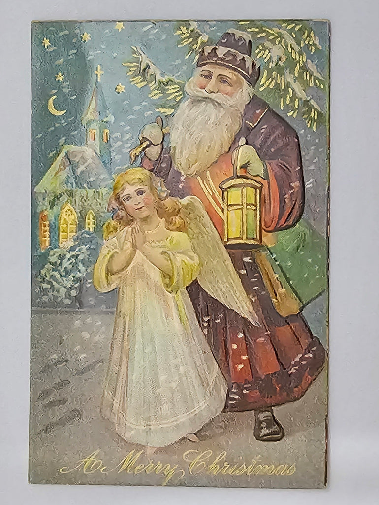 Christmas Postcard Santa Claus Old World St Nick Holding Lantern in Snow With Angel High Gloss Gold Highlights Germany