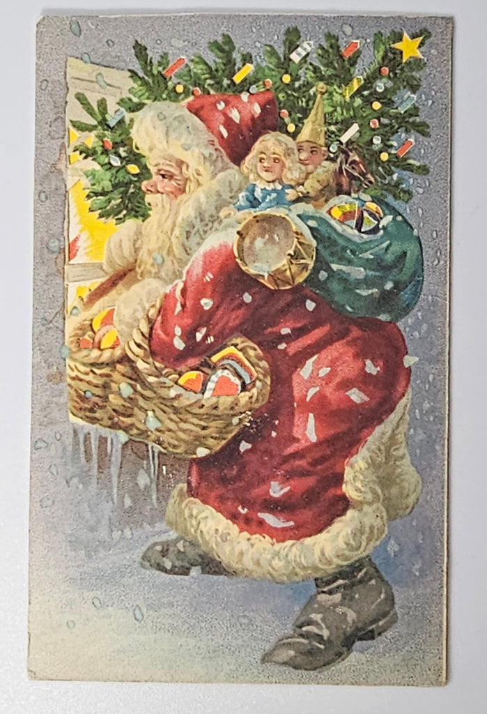 Rare HTL Hold To Light Christmas Postcard Santa Claus Entering Window with Gift Bag Goodies Basket & Tree