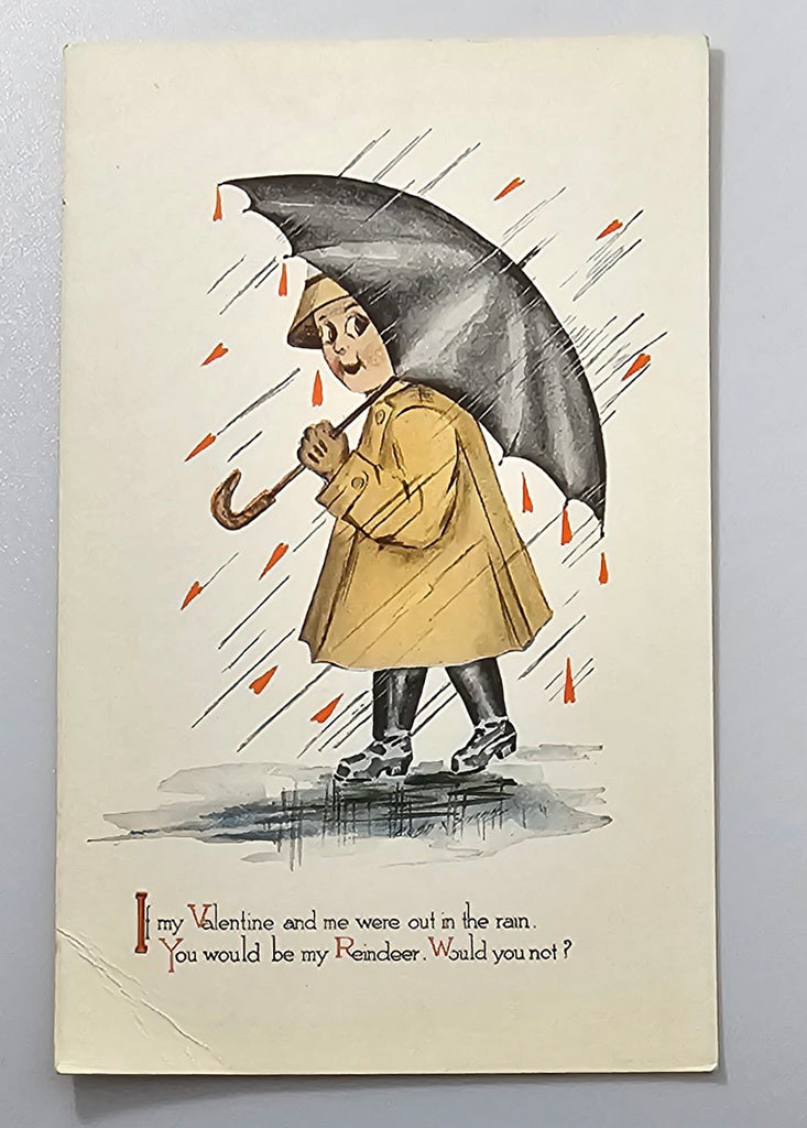 Valentine Postcard Boy in Rain You'll Be My Reindeer Gibson Pub