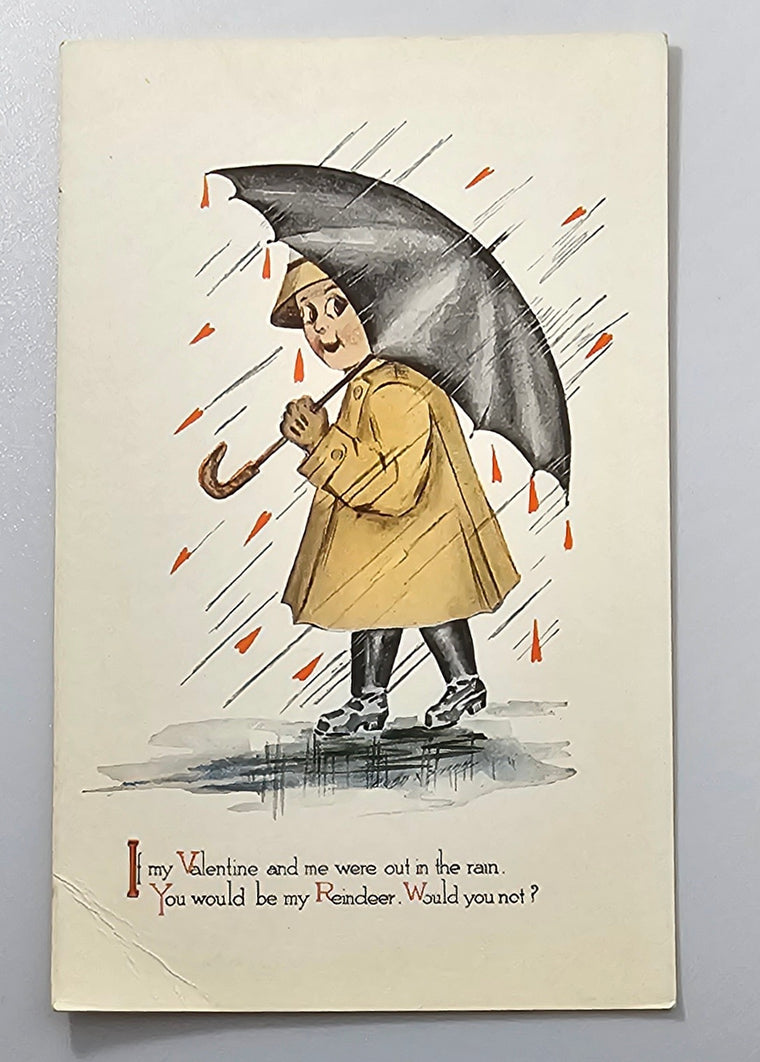 Valentine Postcard Boy in Rain You'll Be My Reindeer Gibson Pub