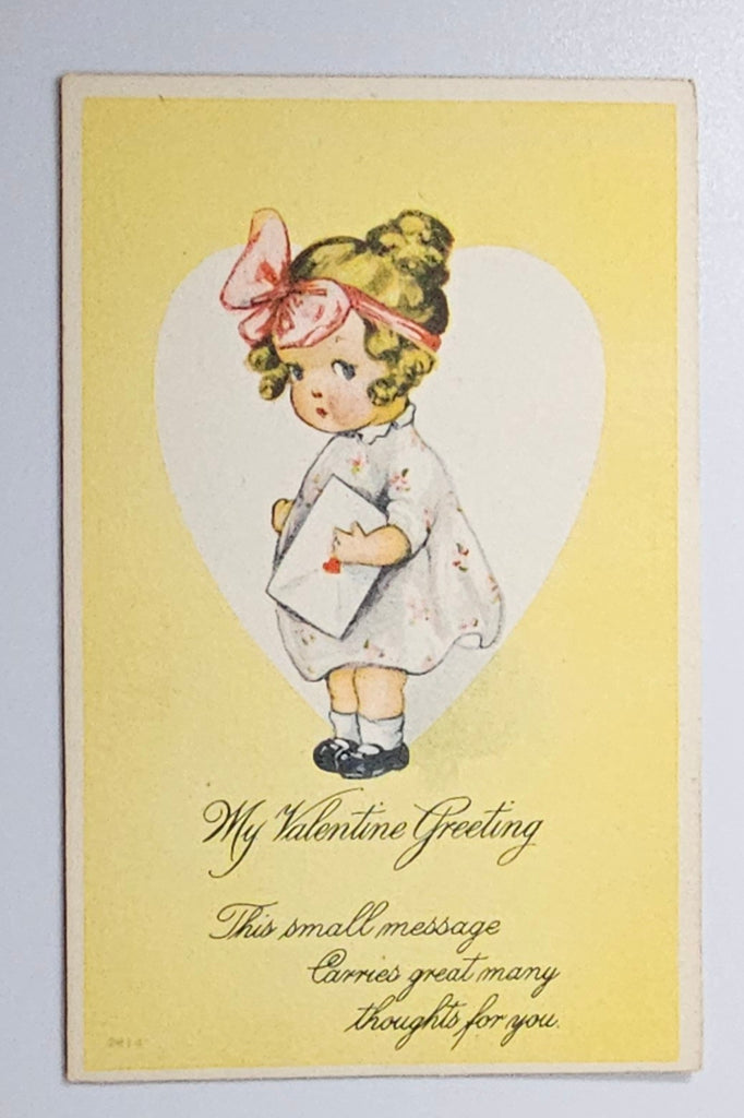 Valentine Postcard Yellow Background Little Girl Standing in White Heart Holding Card
