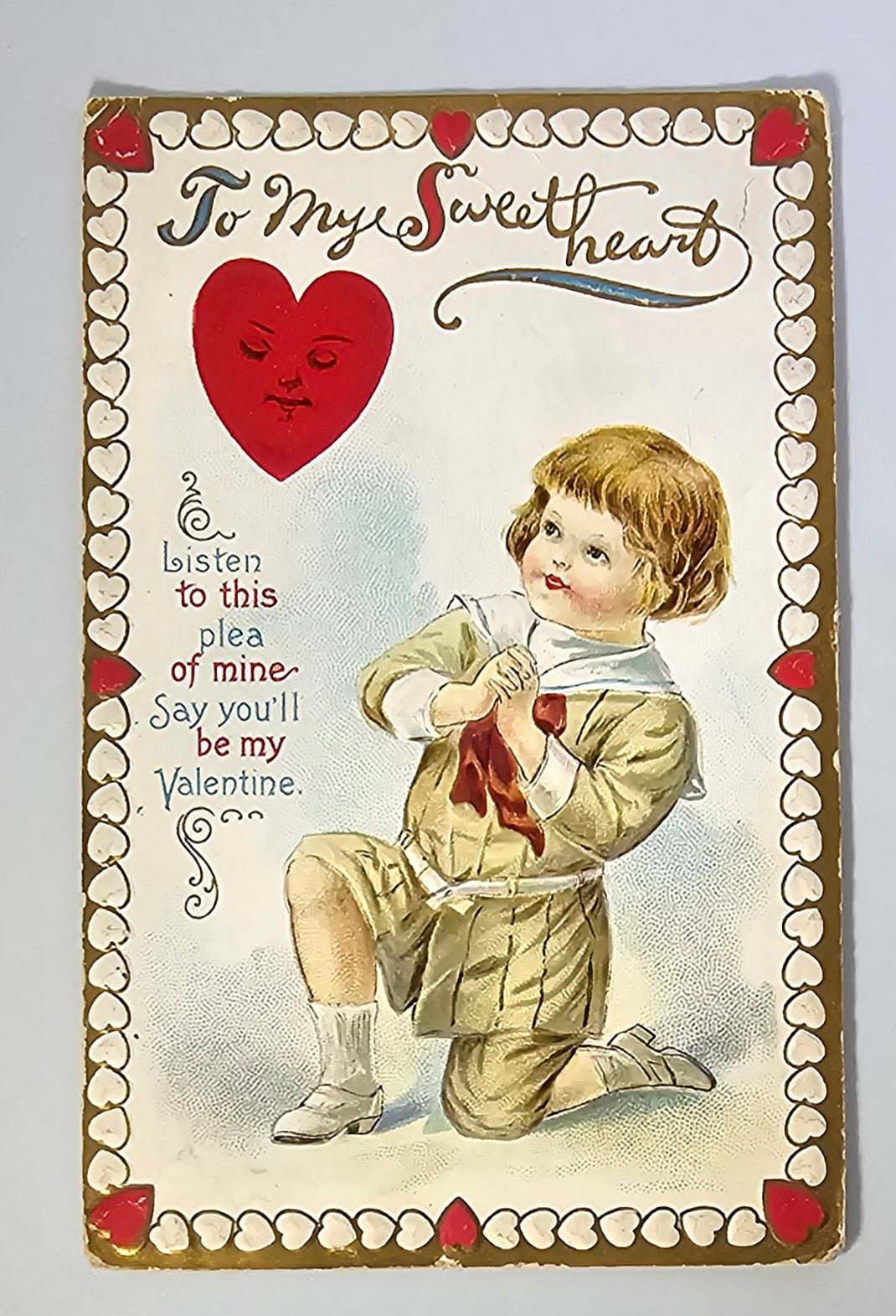 Valentine Postcard Little Boy on Knee Praying to Sleeping Heart To My Sweetheart