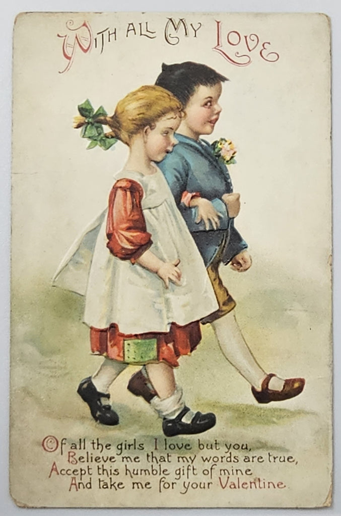 Valentine Postcard Children Strolling Arm in Arm Ellen Clapsaddle IAP Titled With All My Love