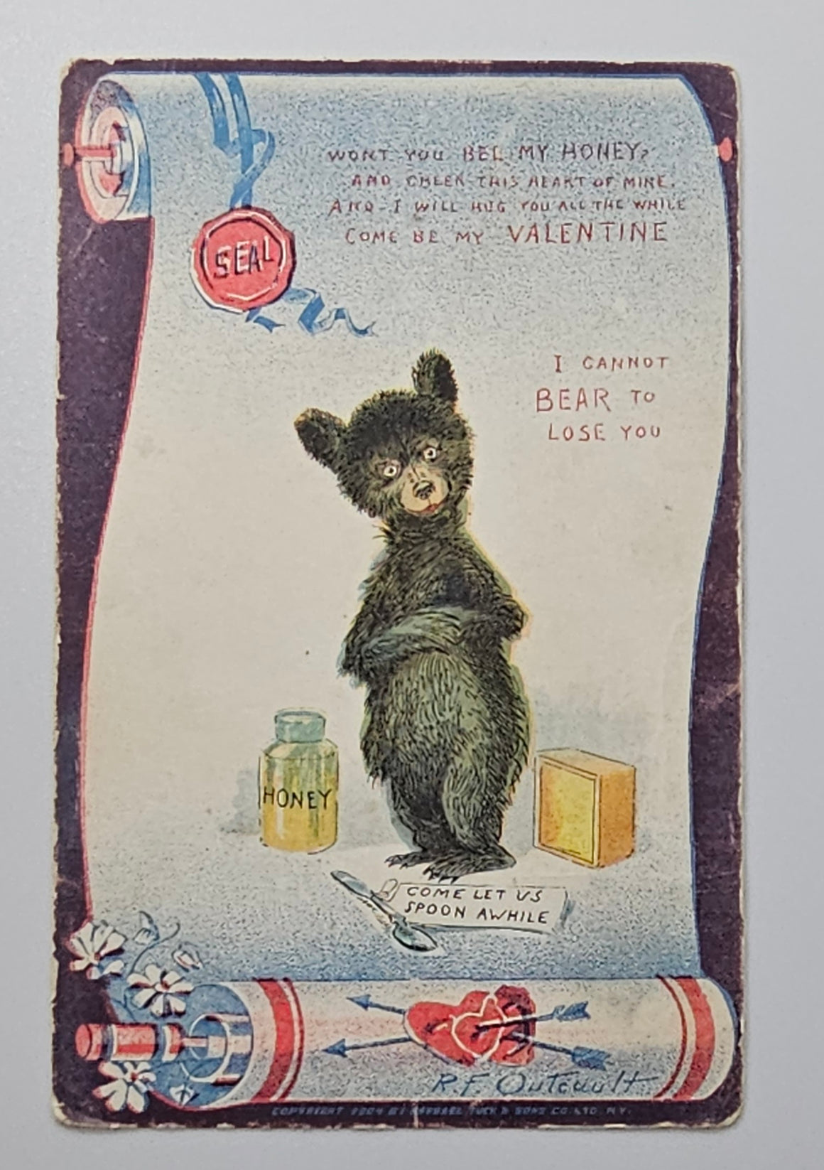 Valentine Postcard Cute Black Bear "to Lose You" Honey Scroll R.F. Outcault Poem Raphael Tuck Pub