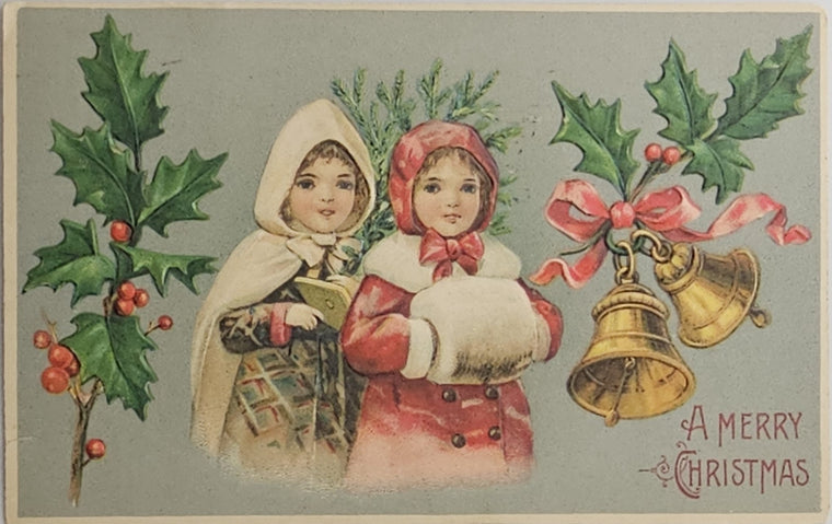Christmas Postcard Children in Winter Dress Holly and Bells BW 296