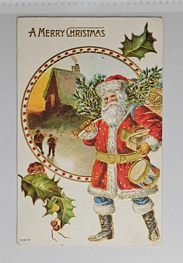 Christmas Postcard Santa Claus Carrying Tree in Snow Gold Highlights