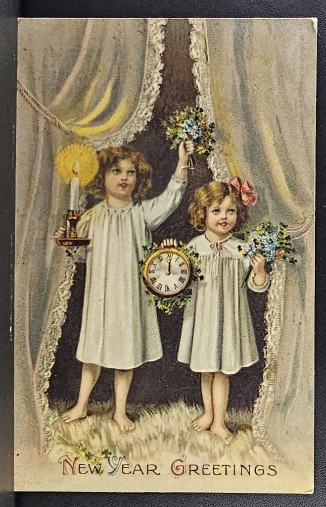 New Year Postcard Two Children Standing in Curtains Holding Clock & Candle Germany