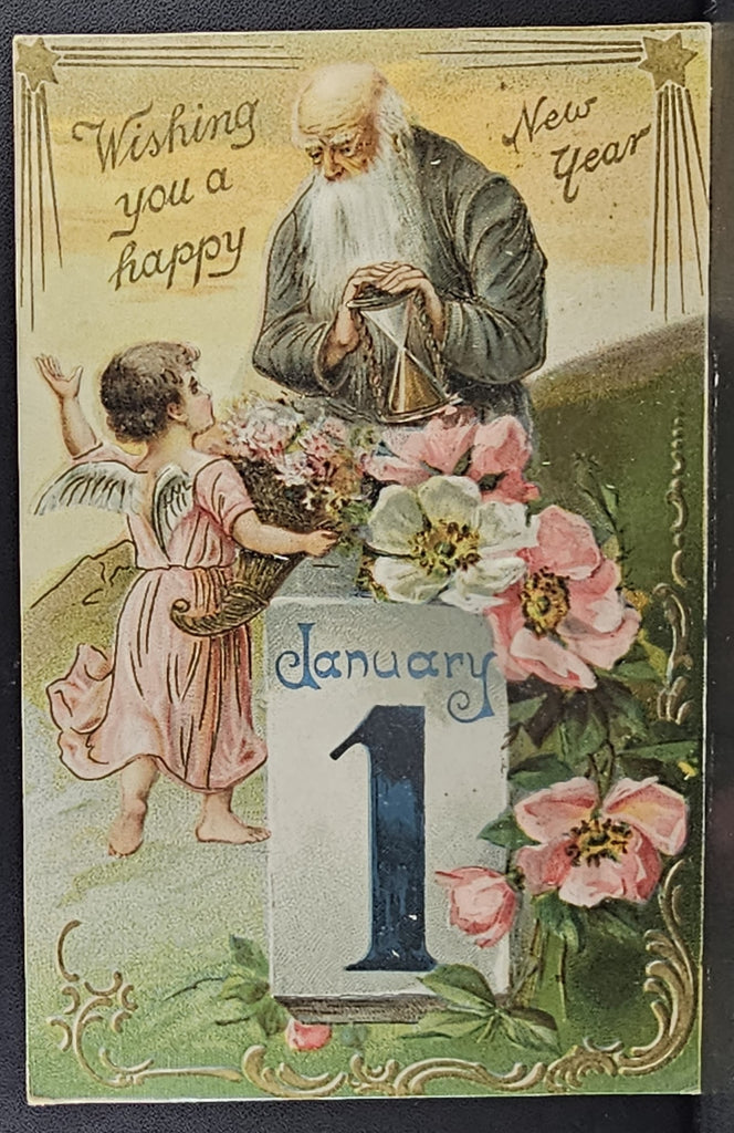 New Year Postcard Raphael Tuck Publishing Father Time With Angel NO 145