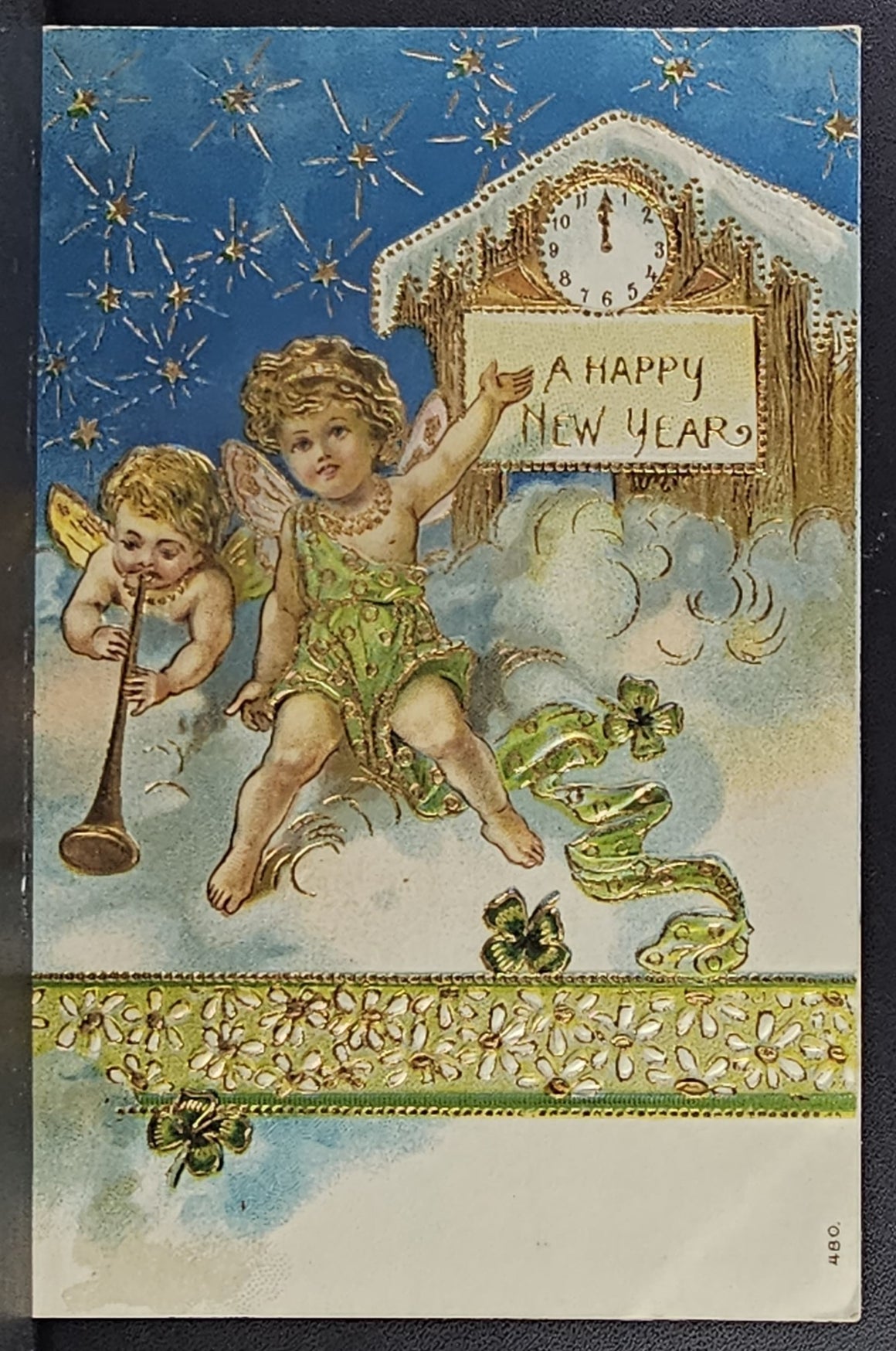New Year Postcard Cupid Cherubs with Clock & Four Leaf Clovers Gold Embossed Series 480