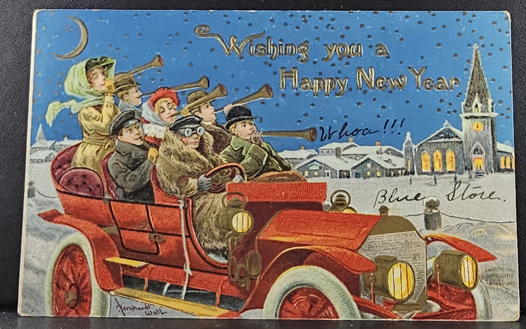 New Year Postcard Group of People Celebrating Holiday in Car Gold Embossed Germany