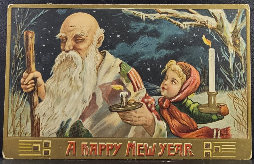New Year Postcard Father Time with Small Child Using Candles Strolling Through Snow at Night