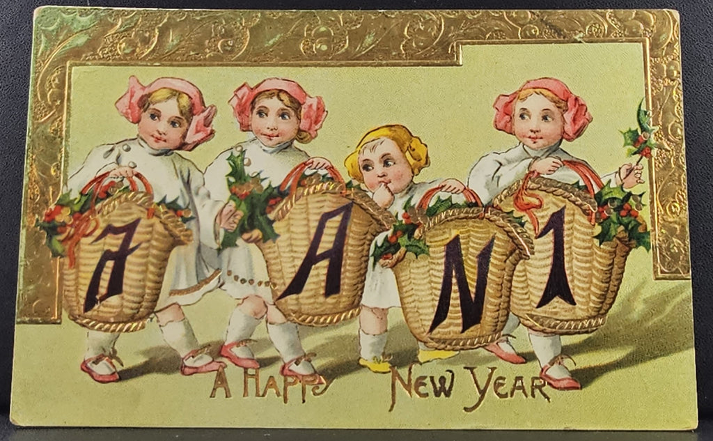 New Year Postcard Children Carrying Basket of Holly Gold Embossed