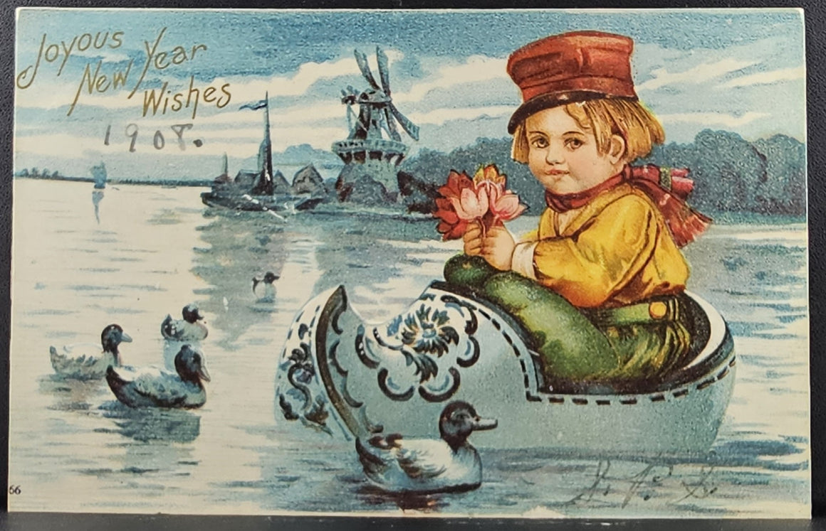 New Year Postcard Dutch Boy in Wooden Shoe Boat IAP Undivided Back