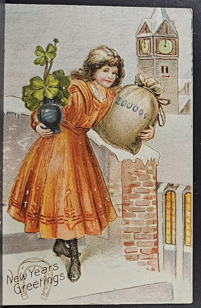 New Year Postcard Young Woman Holding Coins and Four Leaf Clover Plant Series 8087