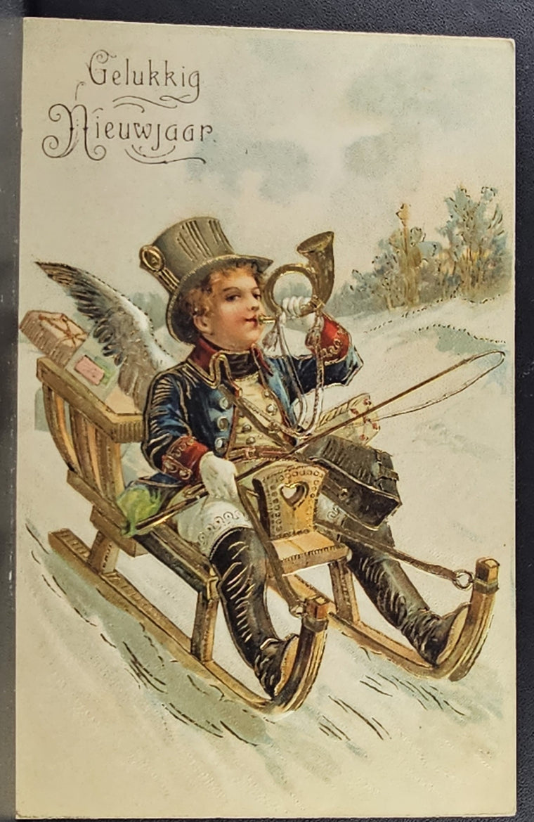 New Year Postcard Man in Top Hat & Suit Blowing Horn Riding Sled Gold Embossed PFB Publishing Dutch Greetings