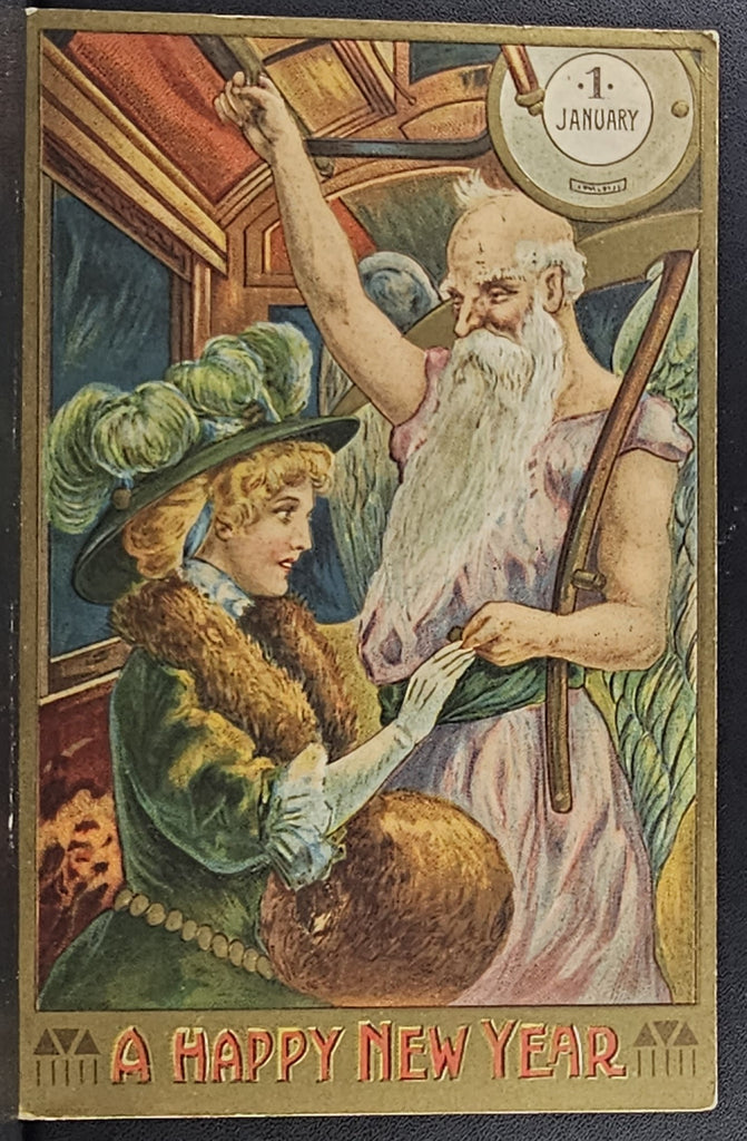New Year Postcard Father Time with Victorian Woman on Trolley