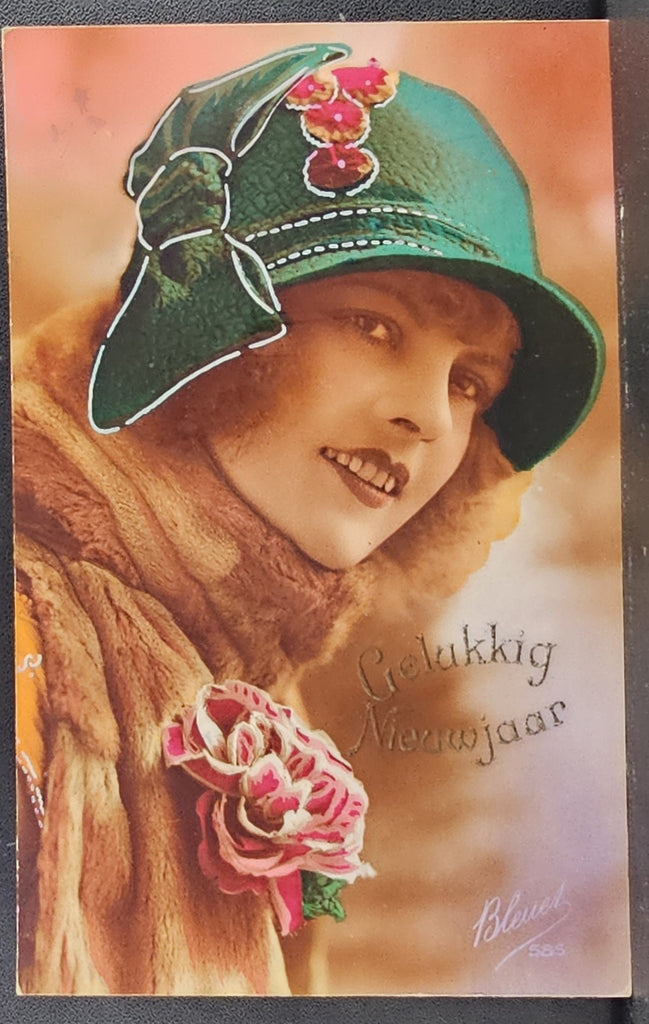 New Year Postcard Real Photo Woman Hand Tinted Silver Outline French Lady in Hat & Coat