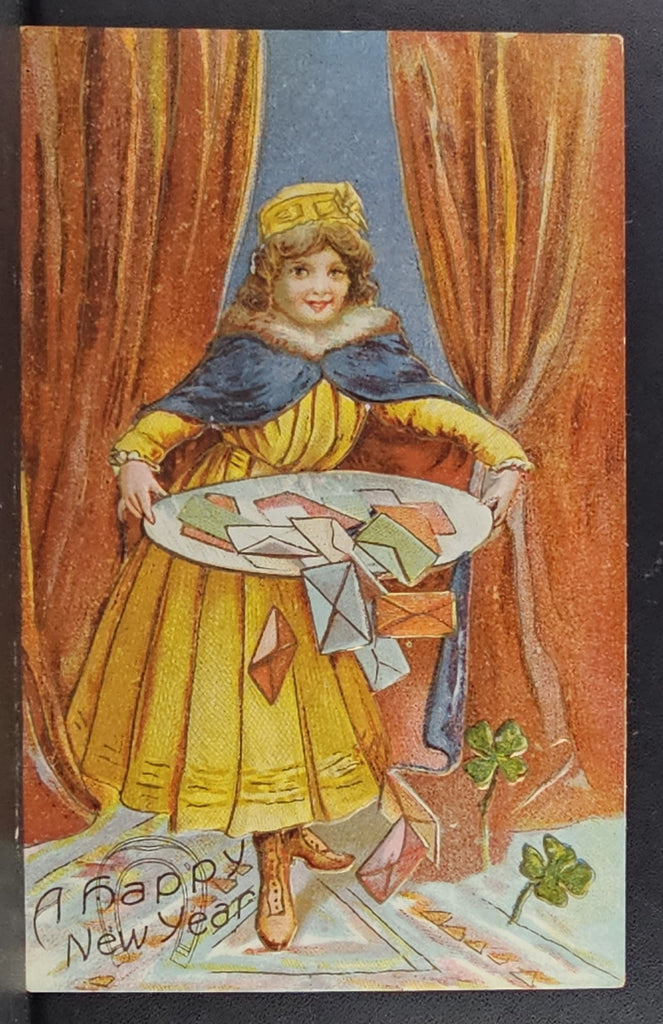 New Year Postcard Girl Bringing Greetings and Four Leaf Clovers on Tray