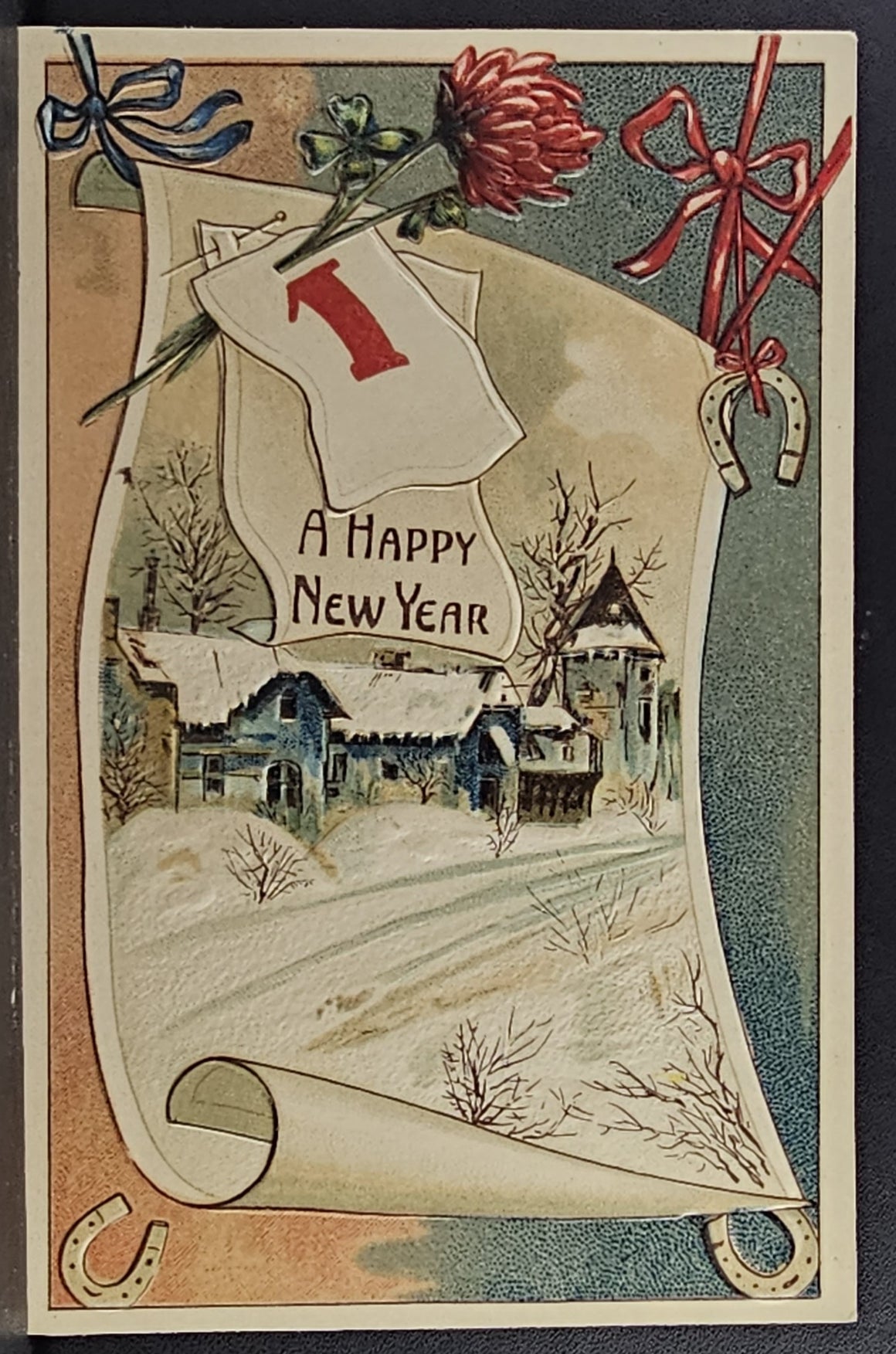New Year Postcard Flowers and Winter Landscape on Parchment Embossed Unused Card