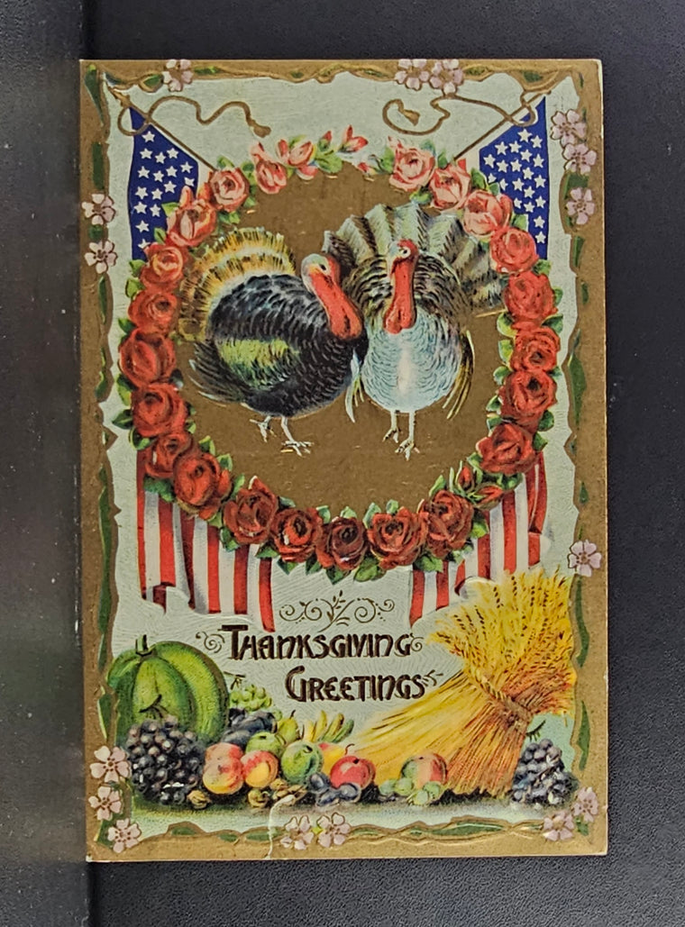 Patriotic Thanksgiving Greetings Turkeys and American Flag Postcard 1910