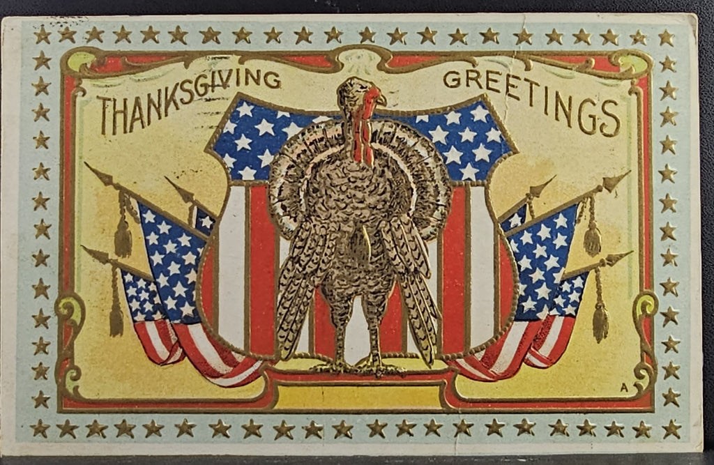 Thanksgiving Postcard Turkey with American Flag Emblem Gold Stars