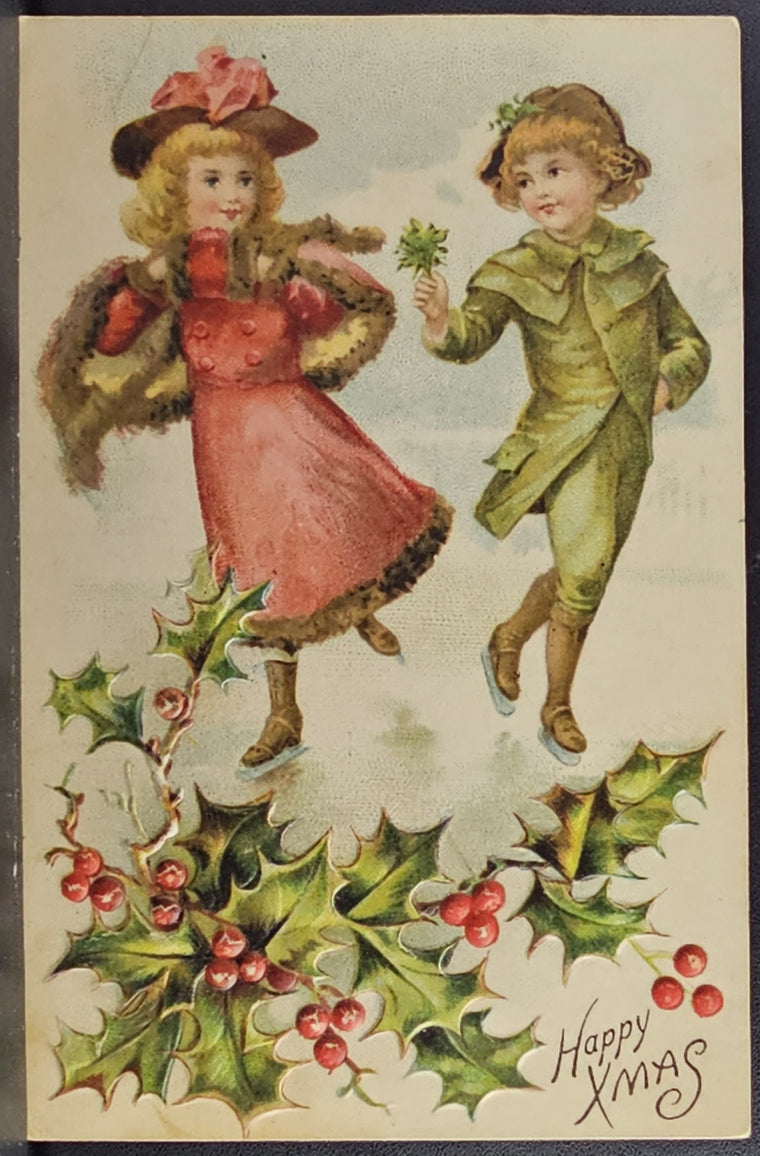 Christmas Postcard Children in Winter Dress Dancing Printed in Germany