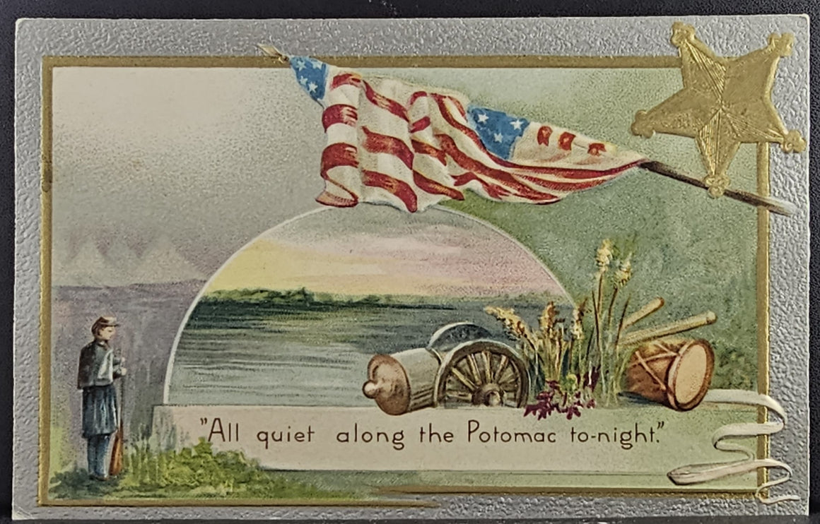 Patriotic Postcard Civil War Soldier Decoration Day Card All Quiet on Potomac US Flag with Gold Star Winsch Pub
