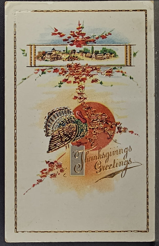 Thanksgiving Postcard Arts & Craft Style Card Turkey with Gold Highlights Autumn Colors Series 7168