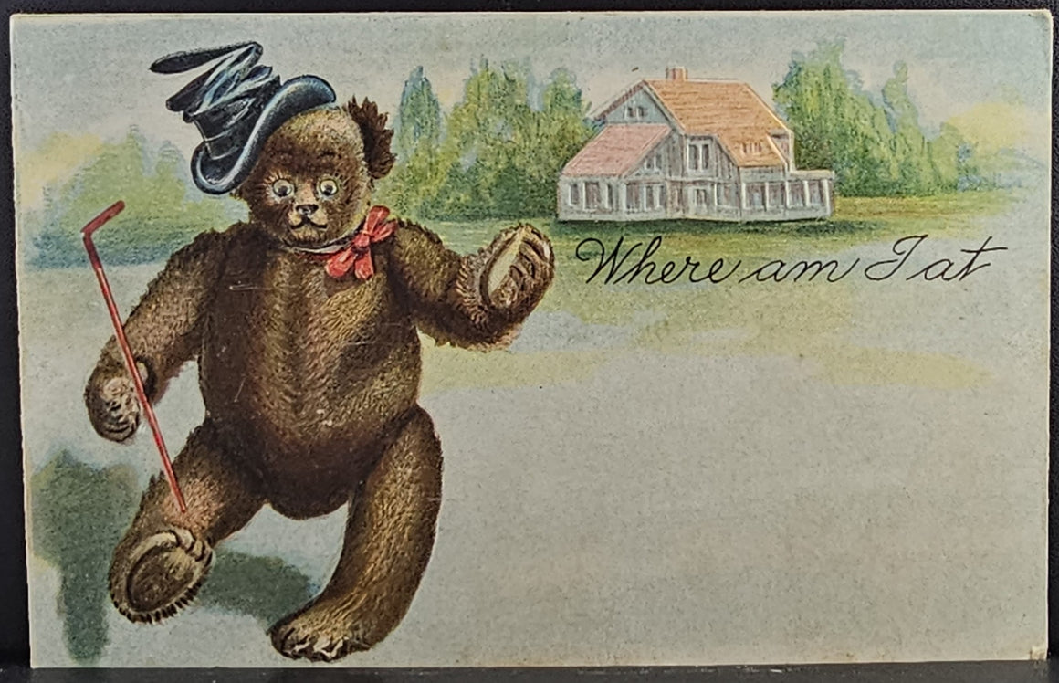 Anthropomorphic Bear Dressed in Top Hat and Cane Drunk Asking Where Am I at Early Undivided 1907