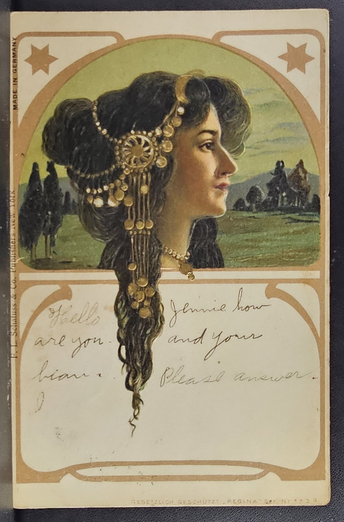 Art Nouveau Postcard Woman Gold Jewelry FL Schafuss & Co 1900s Germany Brunette Bohemian Beauty