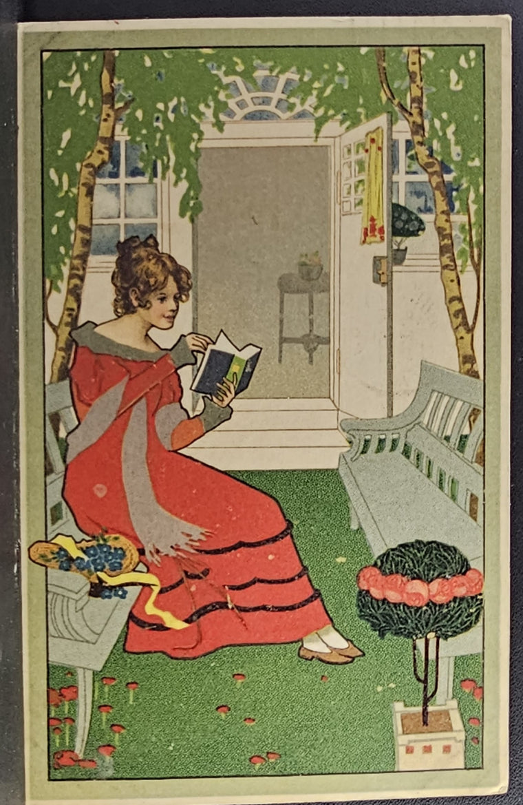 Arts & Craft Style Postcard Woman in Red Reading in Garden 1908