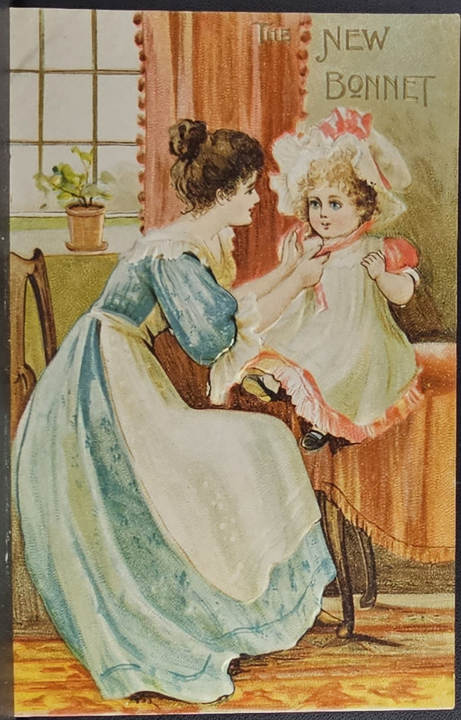 Mother Fitting Little Girl with A New Bonnet Postcard Printed in Germany Series 19/17