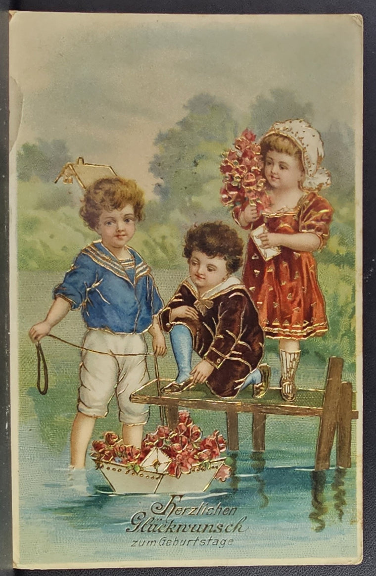 Birthday Postcard Gold Embossed Card Children Playing with Sailboat Filled with Flowers